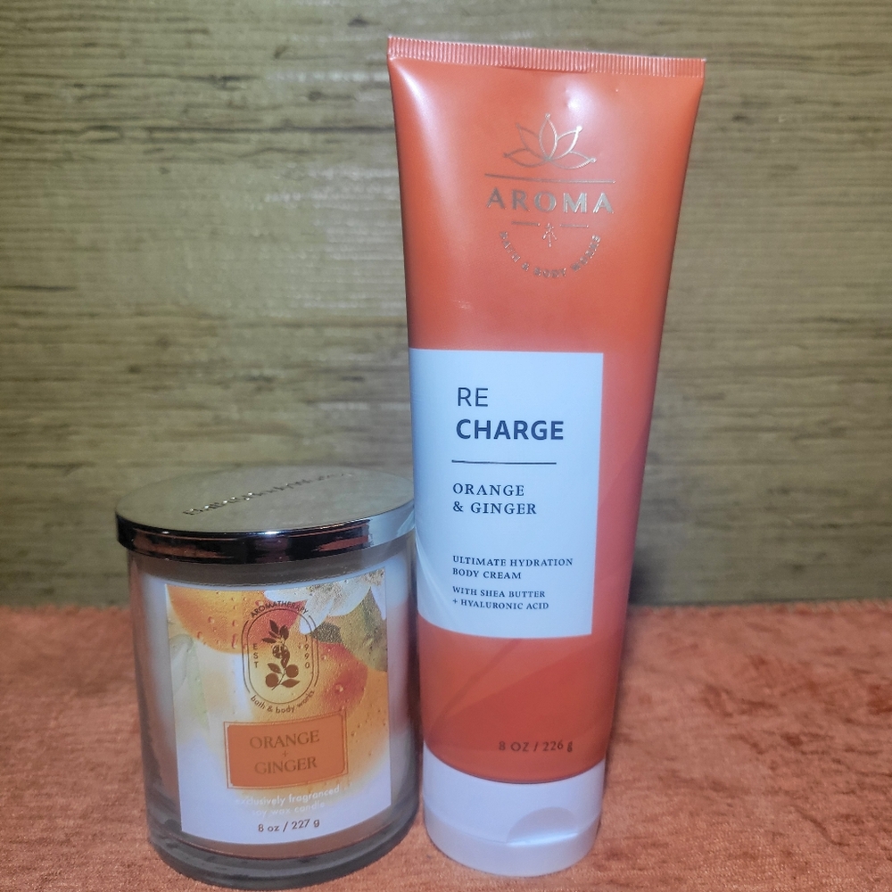 Bath & Body Works Orange & Ginger RE Charge Aroma Candle & Body Cream Bundle